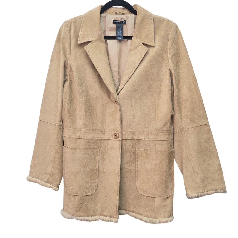 Kenneth Cole Suede Leather Jacket Rabbit Fur Trim Womens Large Bohemian Hippie